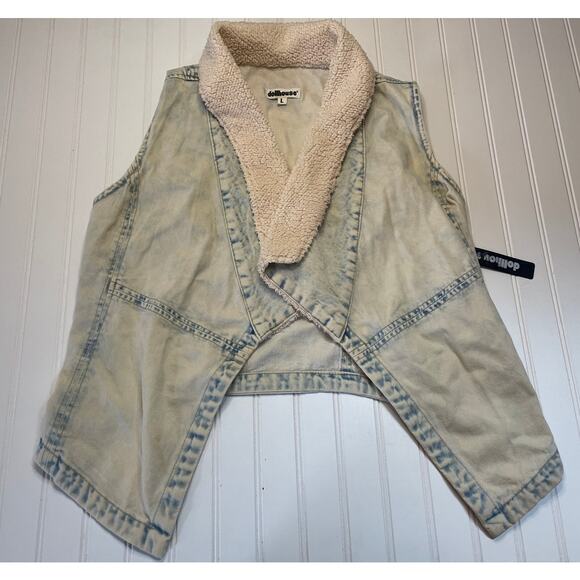NWT Dollhouse Denim Jean Vest Cardigan Sherpa Collar - Size Junior's Large NEW - Picture 1 of 7